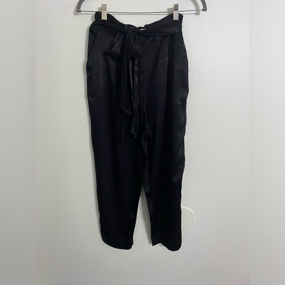 Anthropologie Black Satin Tie Front Pants Loose Fit Size 8